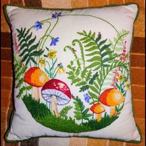 vintage mushrooms ferns flowers vines crewel embroidered pillow 60s 70s 14"